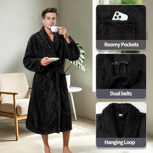 Image of Inner Wish Mens Plush Fleece Robe, Highly Absorbent Cozy Warm Bathrobe Fuzzy Male Spa Long Robe With Pockets