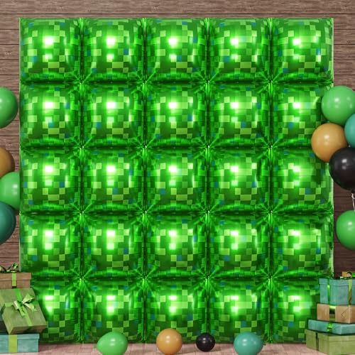 HILAVO Green Pixel Square Balloon Wall, 25 PCS Green Pixel Square Foil Balloons Wall Backdrop Balloons Tunnel Arch for Kids Boys Video Game Theme Birthday Party Decoration