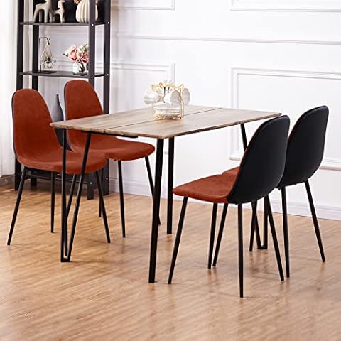 GOLDFAN Esstisch mit 4 Stühlen Retro-Design Küchentisch Rechteckiger Tisch Holz mit Stuhl aus Rot Samt Cover