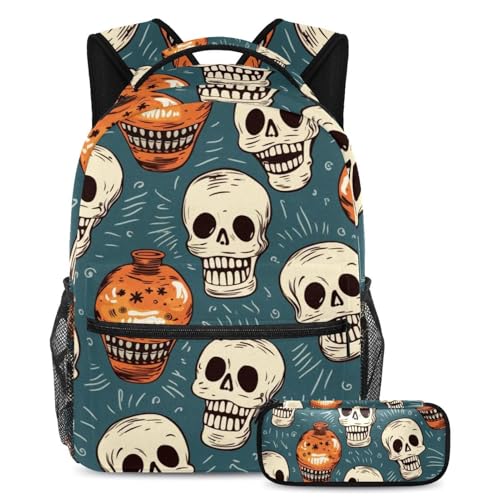 Sac à dos tête de mort 2 pièces avec trousse pour étudiant et voyage