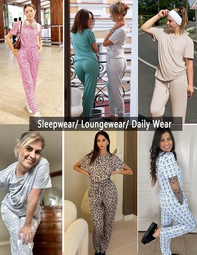 Image of Ekouaer Pajamas for Women Set 2 Pack Lounge Set Short Sleeve Pjs Joggers Long Pants Loungepwear with Pockets