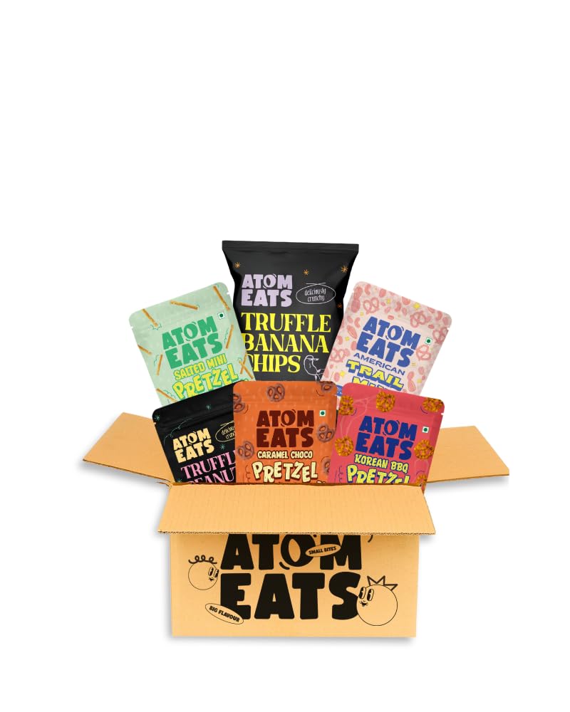 Atom Eats The Golden Child Combo Pack - Premium Rakhi Snack Box | 6 Flavours of Crunchy Pretzels, Truffle Chips & More | Gift Hamper for Siblings | 240g