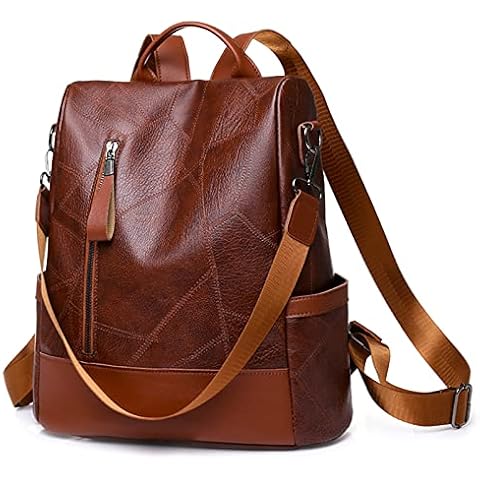 PORRASSO Anti-Theft Backpack Women Daypack Shoulder Bag Ladies Rucksack Waterproof PU Leather Knapsack for School Work Leisure Brown Cover