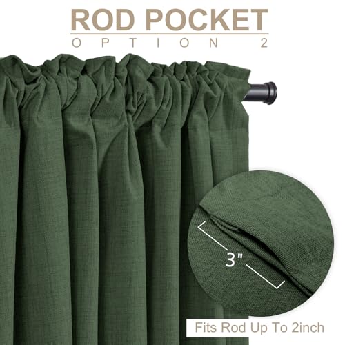 Image of 100% Blackout Shield Green Linen Blackout Curtains for Bedroom 84 Inches Long, Back Tab /Rod Pocket Living Room Drapes, Thermal Insulated Blackout Curtains 2 Panels Set, 50 inch W x 84 inch L,Loden