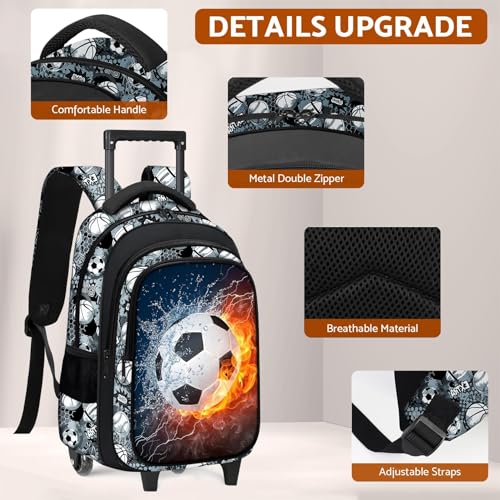 Soccer Rolling Backpack for Boys - 3PCS Boys Rolling Backpack with Lunch Box Set for Kids Children Teens Elementary Middle School,Sport Roller Bookbag with Wheels for Age 6-182