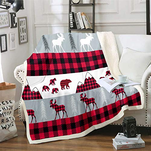 Feelyou Moose Sherpa Throw Blanket Christmas Theme Fleece Blanket for Kids Women Girls Friend Red Gird Warm Plush Blanket Bear Mountain Room Decor for Sofa Couch Xmas Gift BlanketThrow 50"x6