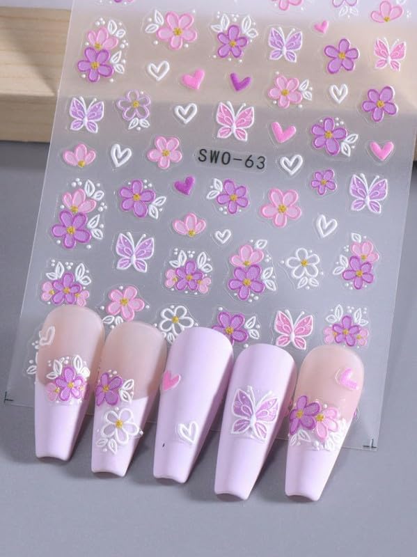 2 Sheets Pink Spring Flower Nail Stickers Embossed Nail Decals Se...