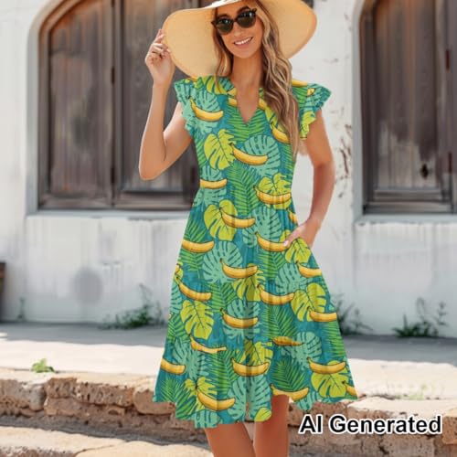 Image of Women's Casual Ruffle Sleeve Dress V Neck Pullover Dress Flowy A-Line Pleated Lightweight Dress with Pockets