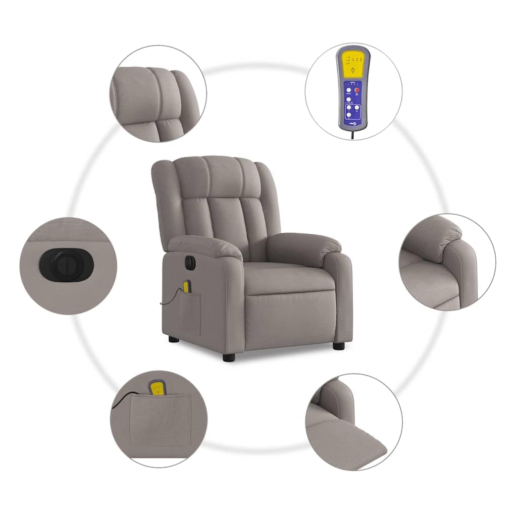 Elektrischer Massagesessel aus Stoff Taupe mit 6 Vibrationspunkten und stabilem Rahmen, automatische Neigungsfunktion um 135 Grad und bequeme Armlehnen