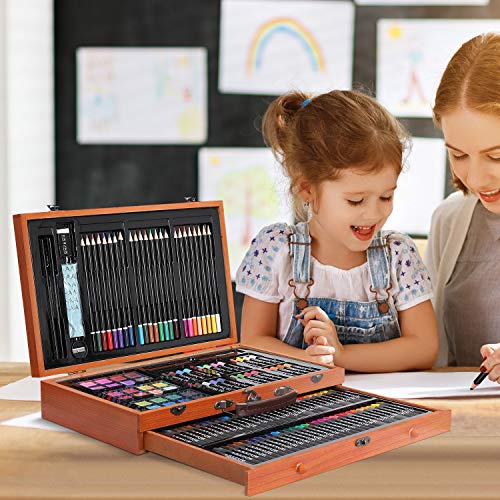142 Piece Deluxe Art Sets, Painting & Drawing Kit,Mega Wooden Art Box,Art Case Portable,with Colored Pencils,Sketch Pencils,Crayons, Oil Pastels, Watercolor Cakes, Paint Brush, Sharpener, Eraser