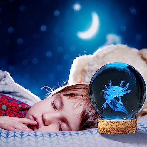 Image of 3D Axolotl Crystal Ball Night Light with Woodern Base,16 Colors with Remote Control Cool Desk Decor Gifts for Kids Friends (Axolotl-b)