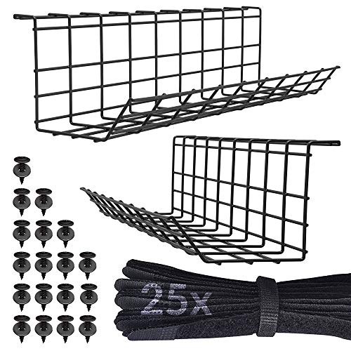 Under Desk Cable Management Tray - Under Desk Cable Organizer for Wire Management. Desk Cable Tray with 25 Extra Straps. Perfect Standing Desk Cable Management Rack (Black Wire Tray - Set of 2X 17'')