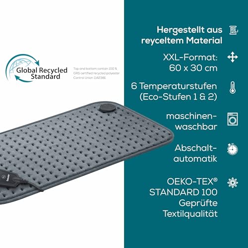 Beurer HK 123 Heizkissen, Made in Europe, Ober- und Unterseite aus 100% recyceltem Material, kuschelig weich, 60 x 30 cm, 6 Temperaturstufen und Abschaltautomatik, maschinenwaschbar, grau