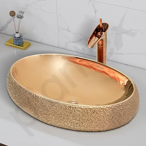 Image of Plantex Ceramic Wash Basin for Bathroom /Vessel Sink /Countertop Washbasin - Indo-European Collection (Rose Gold, 22 x 15 x 6 Inch)