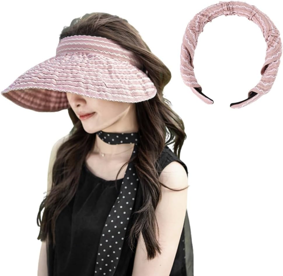 Sun Visor Hats Women Foldable Large Brim Summer UV Protection Beach Cap 2-in-1 Convertible Sun Visor Sun Hat Headband