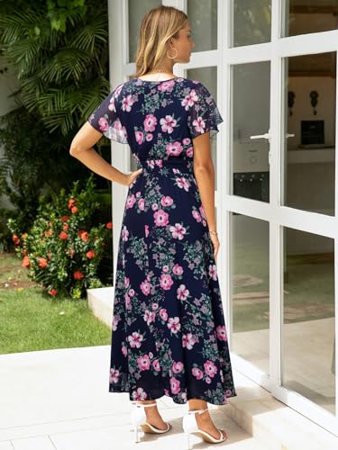 Image of Simplee Womens Floral Maxi Dress - Short Sleeve Summer Boho Wedding Guest Dress Empire Waist Chiffon Modest Midi Dresses