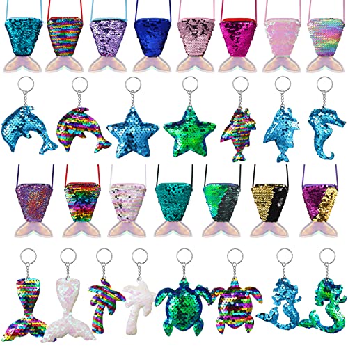 30 Pcs Mermaid Tail Coin Purse Colorful Sequin Keychains Mermaid Tail Sequin Crossbody Coin Wallet Bags Reversible Sequin Glitter Keychains for Kids Girls Mermaid Birthday Party Favors Goodie Bag