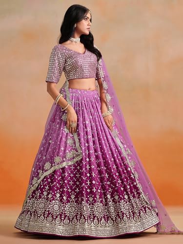 Image of Zeel Clothing Women Georgette Semi stitched Sequins Zari Embroidered Lehenga Choli With Dupatta (7086-Latest, Free size)