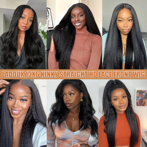 Ladoux 13X6 Lace Front Kinky Straight Wig Hd Transparent Yaki Straight Frontal Closure Human Hair Wigs For Women 20Inch 180% Density Glueless Wig Pre Plucked With Baby Hair thumb #3