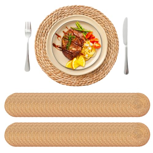 Image of 13.8'' Round Woven Placemats Set of 60, Boho Rattan Chargers for Dinner Plates, Rustic Wicker Place Mats, Straw Braided Table Placemats, for Dining Table Decor, Wedding, Farmhouse and Home Decor