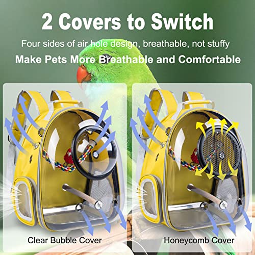Bird-Carrier-Backpack-Travel-Cage-Yellow-Lightweight-Breathable-Bubble-Pet-Bag-with-Portable-Small-Bird-Feeder-Cups-and-Parrot-Toys-Transparent-Space-Capsule-Backpack-for-Parakeets-Cockatiel
