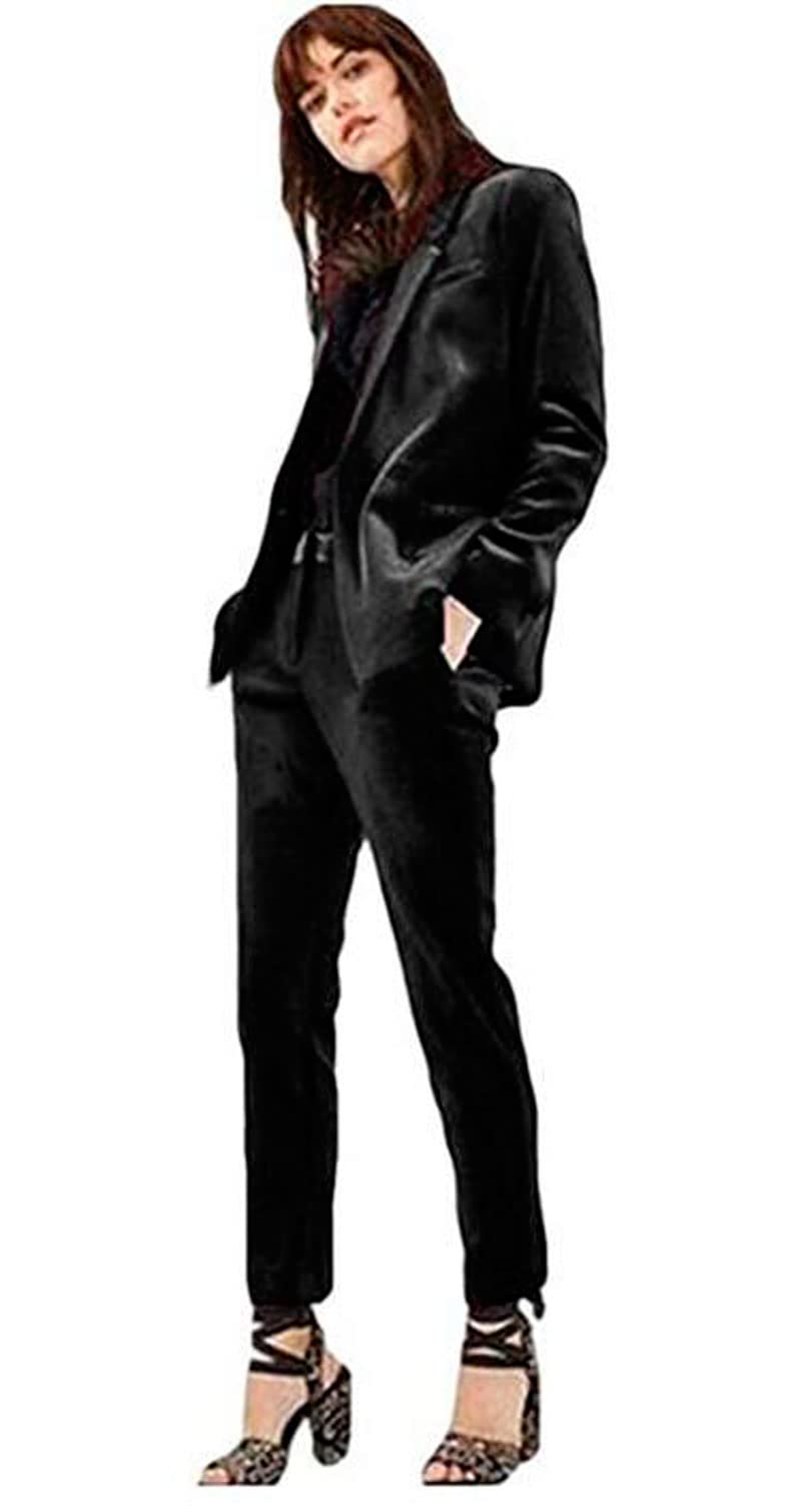 Botong Women's Peak Lapel Velvet Suit 2 PC Office Lady Outfit Prom Party Business Casual Wear Pants Suit Black