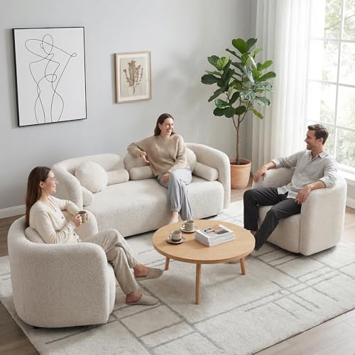 Image of 2026 New Beige Boucle Loveseat Sofa Set, 3-Piece Living Room Seating Set - 2 Seater Sofa + 2 Single Chairs, Solid Wood Frame Modern Couches with Pillows