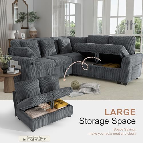 Image of Hanherry Sectional Sofa with Pull Out Couch Bed, 5 Seats Corduroy Sleeper Sofa with 2 Seat Storage & USB Charging,Comfy L Shaped Modular Couches for Living Room,Apartment