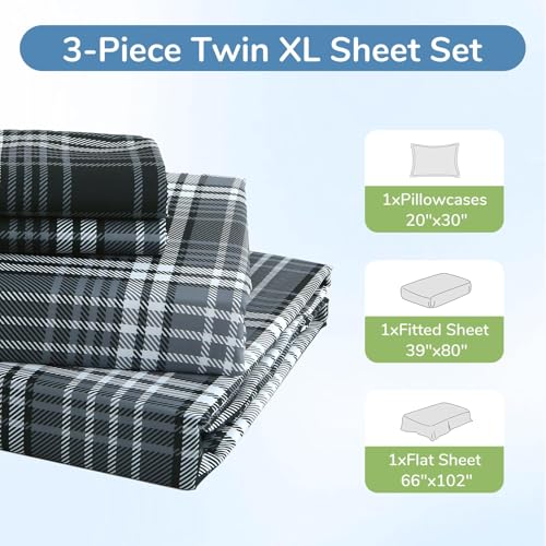 Image of MUXHOMO TwinXL Size 4 Piece Sheet Set, Soft Breathable Bed Sheet Set for Bedroom with Deep Pocket Up to 16 inch, Wrinkle-Free & Cooling Bedding for Oeko-TEX Certified - Black /White Plaid