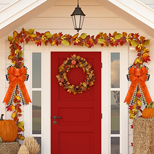 Chunyin 2 Pcs Fall Wreath Bow Large Thanksgiving Orange Pumpkin Burlap Black White Buffalo Plaid Tree Topper For Front Door Home Indoor Outdoor Decor, 10 X 18 Inches #TOP2