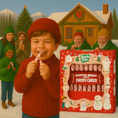 Image of Candy Canes North Pole Winter Berry Flavour (12x 10g) 120g Box By Cougar | Festive Holiday Sweet Treats Gift Box | Classic Striped Christmas Candy for Parties, Gifting, Stockings, Decorations & Celebrations | Pack of Holiday Canes (IMPORTED-UK)