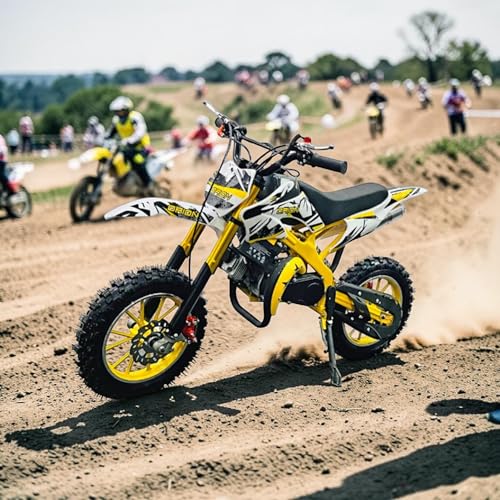 Image of Amaze ZR Super 50cc Petrol Dirt Bike for Kids | 2 Stroke Mini Off Road Bike | Dual Start | Disc Brake | Rear Suspension | Max Speed 45 km /h | Kids Mini Motorcycle (Multicolor Chassis) (Yellow)
