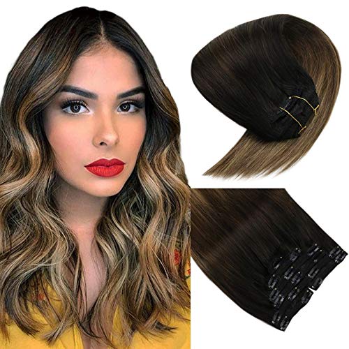 VeSunny 14 Inch Clip in Hair Extensions Human Hair Color #1B Natural Black Fading to #4 Dark Brown Mixed #27 Caramel Blonde Human Hair Clip in Extensions 7pcs 120g/Set