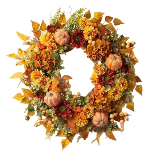 Generic Decoración de corona de otoño para puerta delantera, corona de otoño artificial de 45/50/55 cm con hortensias y calabazas, para Halloween, día de Acción de Gracias, decoración de pared de