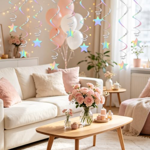 Image of BEISHIDA Silver Stars Iridescent Hanging Swirls Pre-Strung Stars Hanging Decorations for Baby Shower Wedding Birthday Party Decorations Supplies,Pack of 15