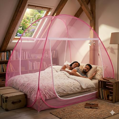 Image of Mosquito Net for Double Bed, 6.5x6.5 Feet 30 GSM Premium Double Bed Machardani, Strong and Durable, PVC Coated Tent Type, Foldable, Corrosion Resistant, King Size (Pink)
