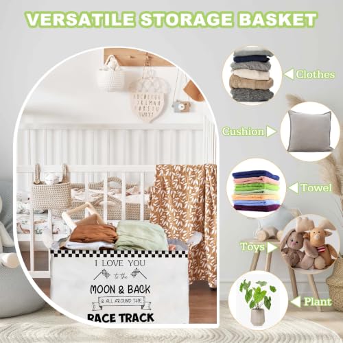 Image of Race Car Storage Basket for Boys, Boys Checkered Basket, Race Flag Kids Baby Storage Bin Toy, Car Themed Room Decor for Nursery, Large Squarecanvas Laundry Hamper With A Waterproof PECoating, Foldable