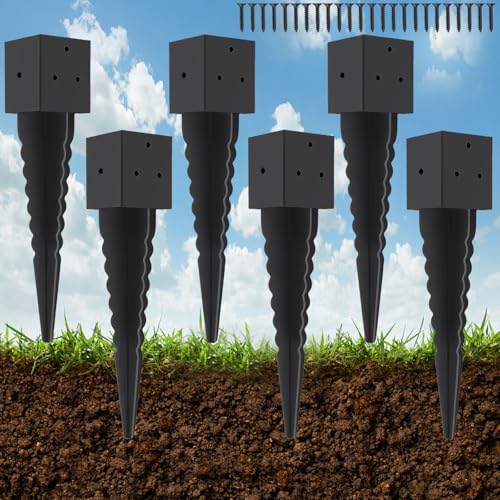 Image of 6 Pcs 16 inch 4x4 Fence Post Anchor Ground Spike (Actual:3.6 inchx3.6 inch), 4x4 Post Spike Black,Mailbox Post Anchor for Fences, Mailboxes,Pergolas,Patios,Birdhouses,Road Signs