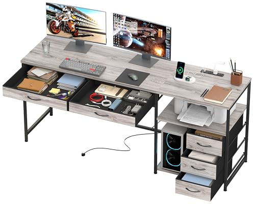 YOSHOOT 60' Computer Desk with 5 Fabric Drawers - Gaming Desk with Storage and Power Outlets, Home Office Desk for Adults and Teenagers Working Writing Study, Grey