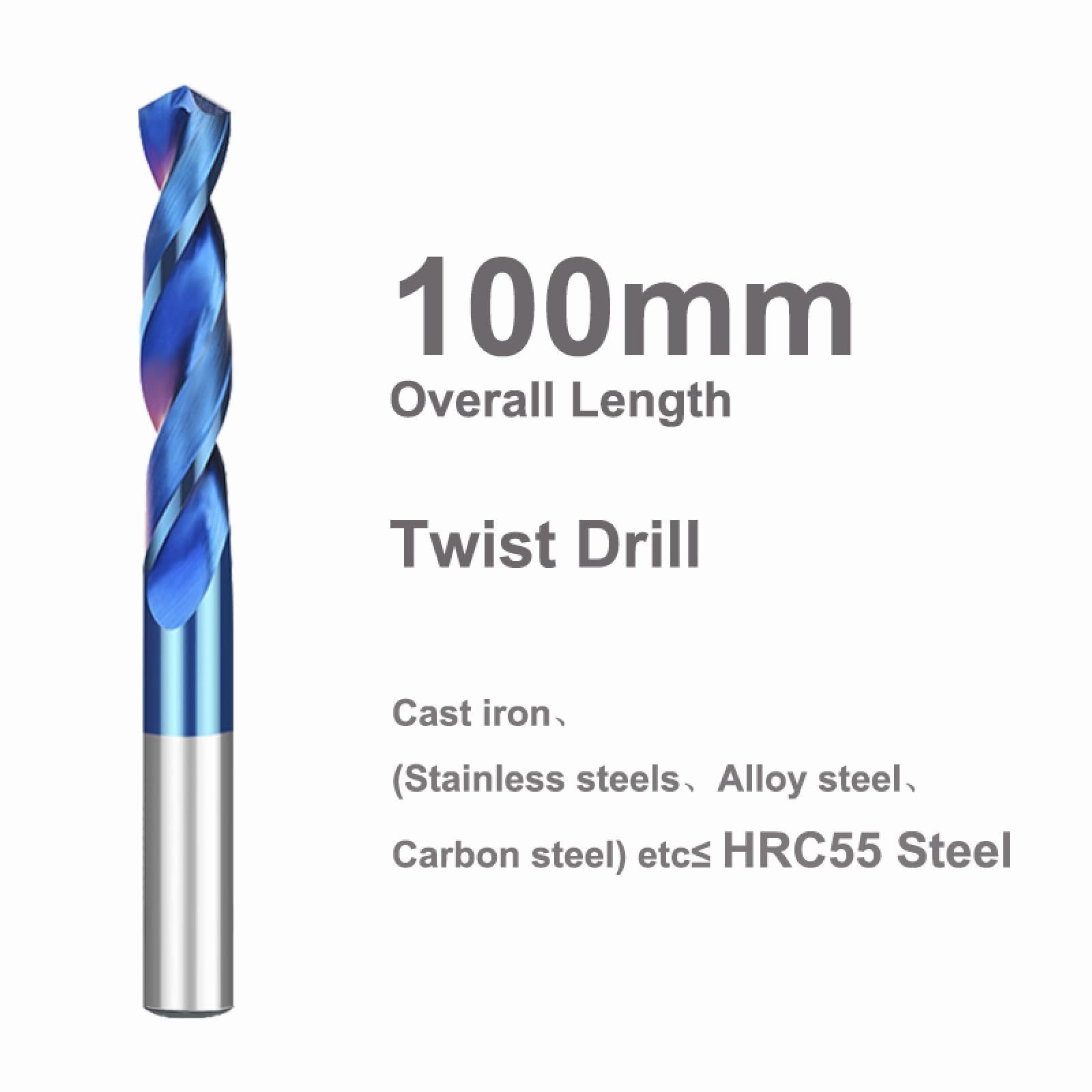 Broca de carburo de tungsteno macizo de 100 mm de longitud total, brocas de tungsteno macizo HRC65, mango recto CNC, orificio de perforación para metal, hierro y acero (HRC65, 100 mm/5,4 mm)