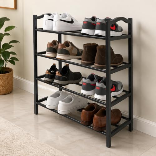 Image of Abja Novelties (Popular Rack in Us Market 4-Tier Expandable Heavy Duty Shoe Rack, Adjustable Shoe Shelf Storage Organizer Metal Free Standing Home Shoe Rack (4 Tier, Black), 23X85.5X69 Cm