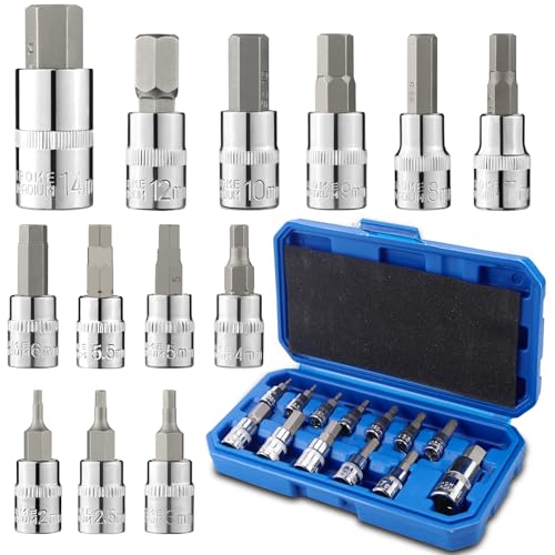 LPZMPZ Imbusnussen Satz 13-tlg Innensechskant Nuss Satz 1/2 3/8 1/4 Zoll Sechskant Steckschlüssel Set 2-14mm Allen Key Socket Set mit Bewahrungsbox für Schlagschrauber Drehmomentschlüssel