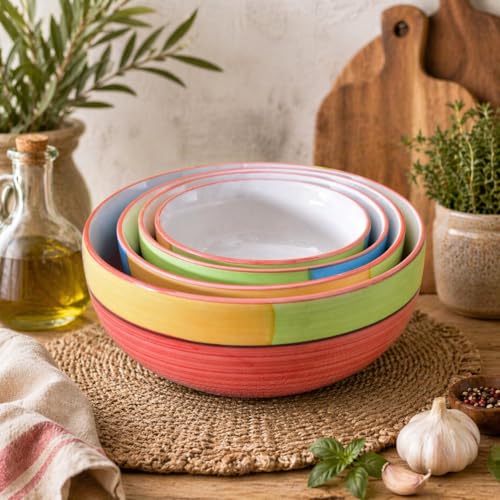 Image of Ceramic Mixing Bowl Set - 4 Pieces (1500ml, 800ml, 600ml, 400ml), Red Multi - Durable, Microwave & Dishwasher Safe - Ideal for Mixing, Serving & Storage