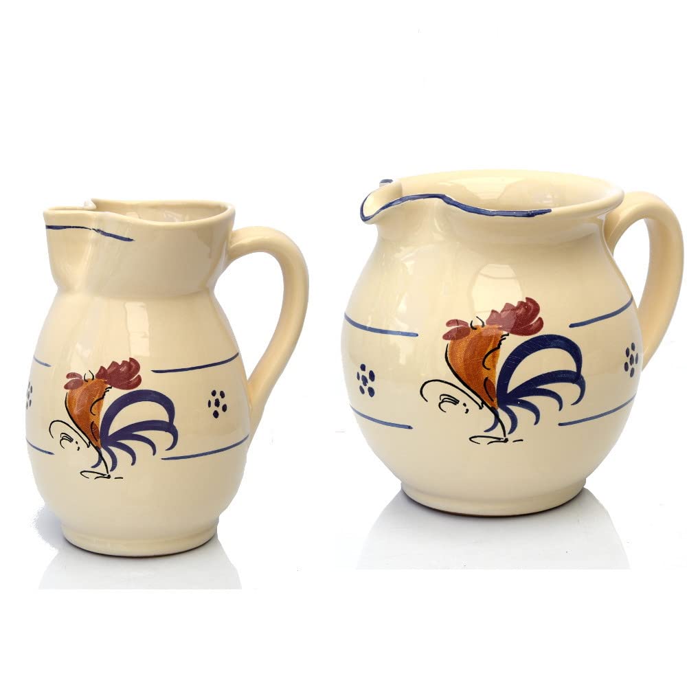 Colì, Juego de 2 jarras, jarra abombada de 15 cm y jarra Ursulo de 18 cm Serie Gallo, jarra de agua, jarra de vino, jarra y jarra de mesa, jarra de terracota