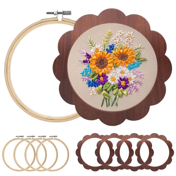 Image of Kuabiz 8 Pcs 8 Inch Wood Embroidery Hoop Frame with Embroidery Hoops Sunflower Wood Embroidery Display Frame and Hoops for Finished Cross Stitch Hoop Frame DIY Art Craft Embroidery Sewing Ornaments
