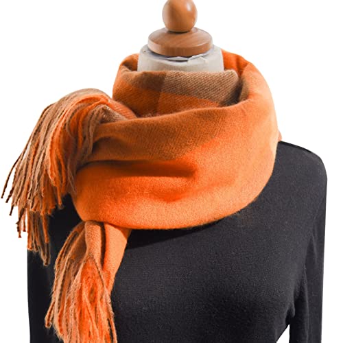 Damen Schal Senfgelb Herbst und Winter bunter Karierter Schal für Damen, verdickender Warmer Fransenschal Werder Schal Für Auto (Orange, One Size)