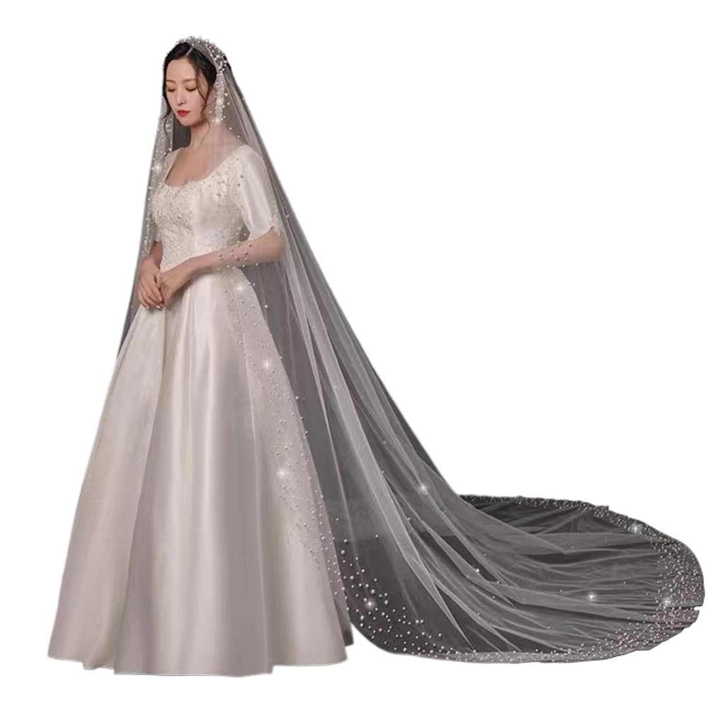 ROCKPOEM Long Bridal Veil, One Layer Cathedral Veil with Full Pearl Edge, Soft Tulle Mantilla Veil, Crystal Ivory 300cm Wedding Veil for Brides