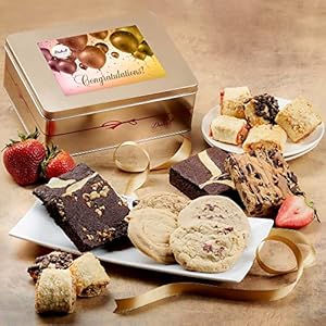 Dulcet Gift Basket Congratulations Gourmet Brownie and Cookie Snack Signature Gift Basket-Includes a Variety of Pastries in an Elegant Hand Assembled Tin Box, Ideal for Employees, Boss, Friends and Family