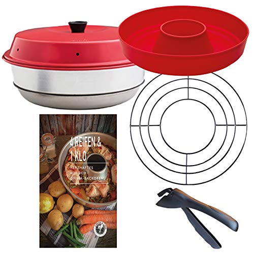 Omnia Backofen 5-teiliges Spar-Set | Backofen + Silikon-Backform 2.0 + Herzhaftes Kochbuch + Aufbackgitter + Haltezange für den