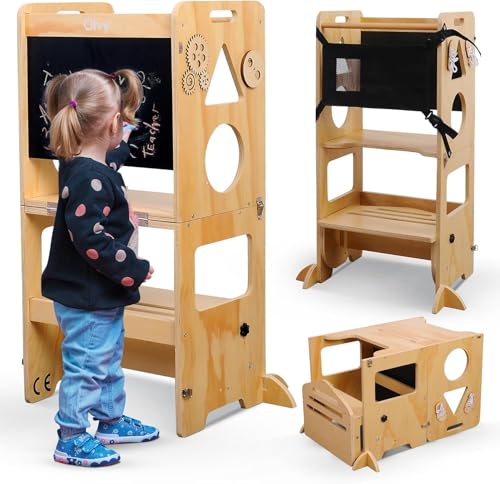 Olvy Torre de Aprendizaje Montessori 3 en 1 para niños, Plegable, Escalera de Madera, 3 peldaños, Torre de Aprendizaje para niños a Partir de 1 año, Escalera Plegable
